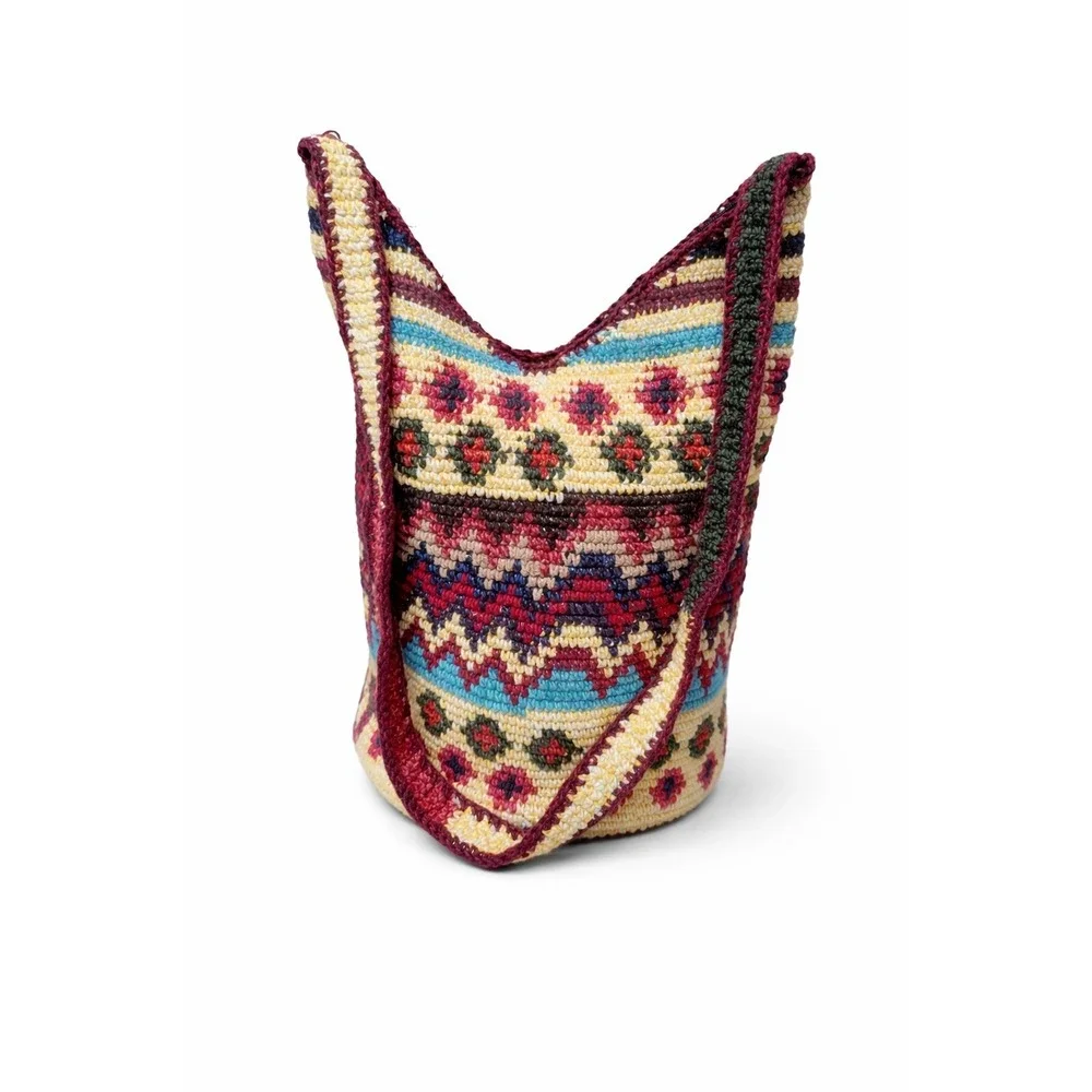 Vintage Crochet Bucket Bag Boho Indie Festival Hippie Shoulder Crossbody Purse